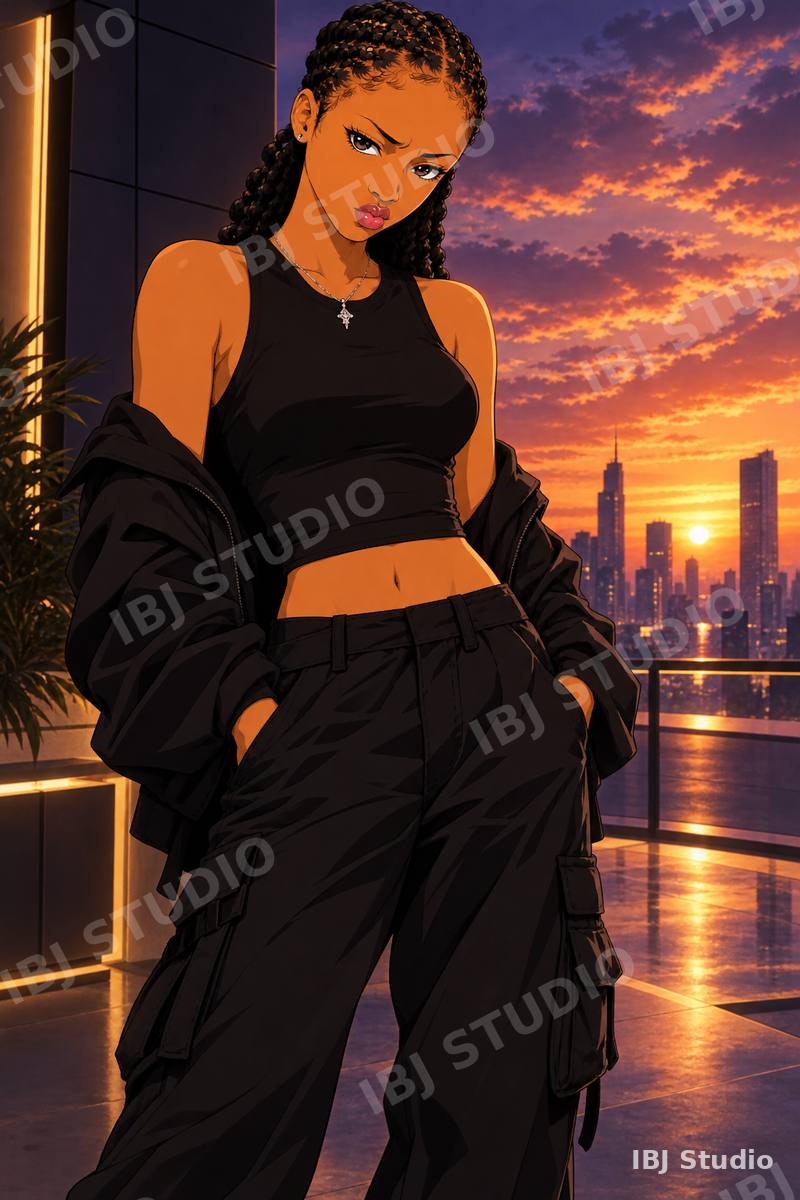 Rooftop sunset, braided girl