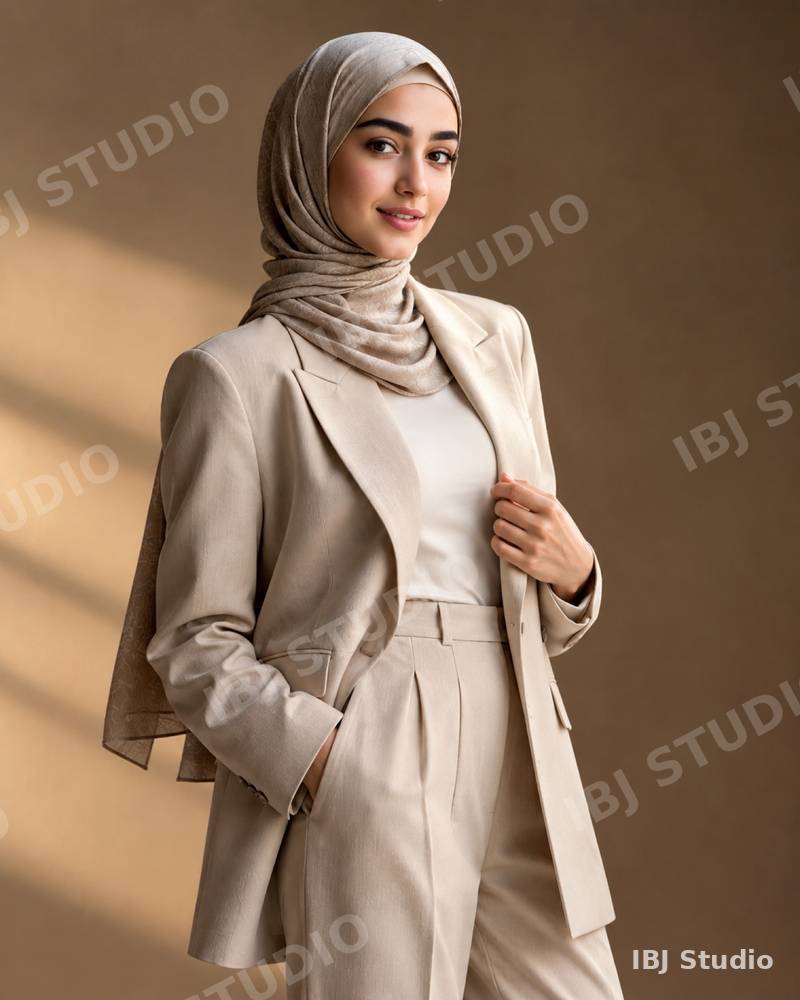 Woman in a cream blazer and headscarf