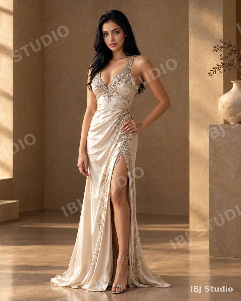 Woman in a satin gown in warm light