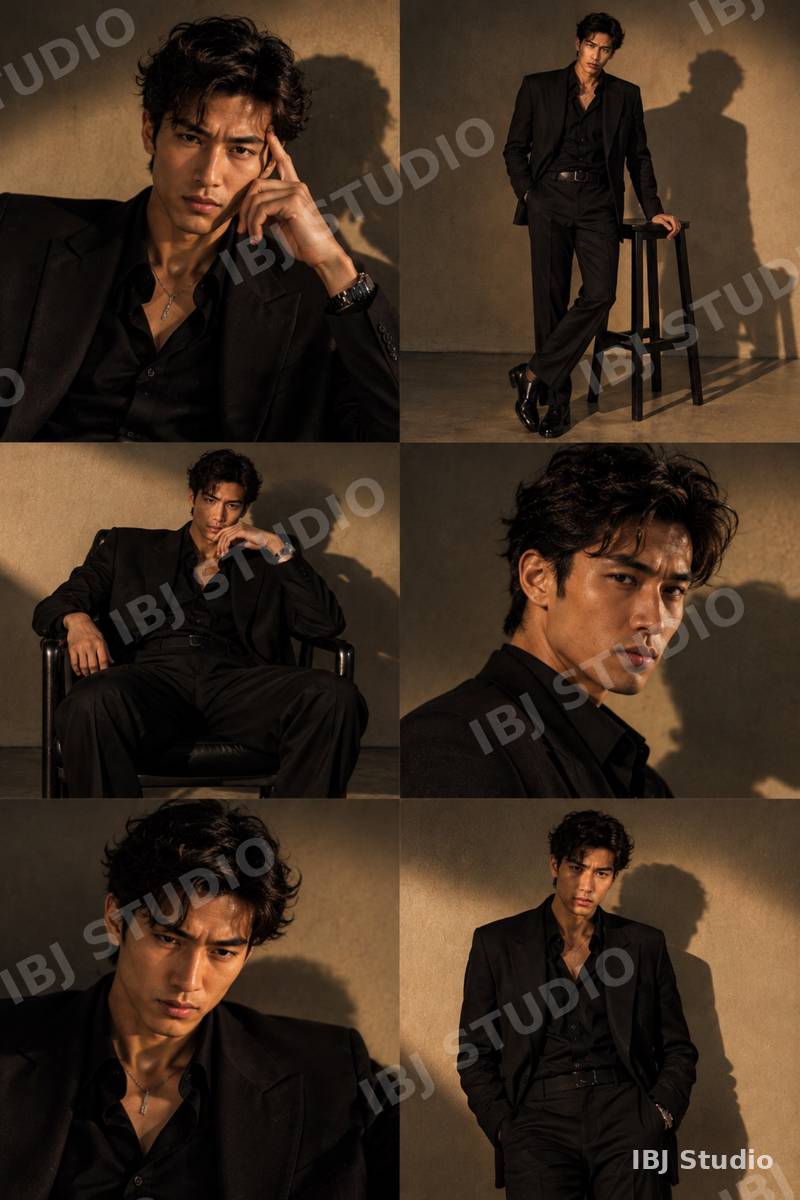 Editorial portrait collage of a man in dark clothing