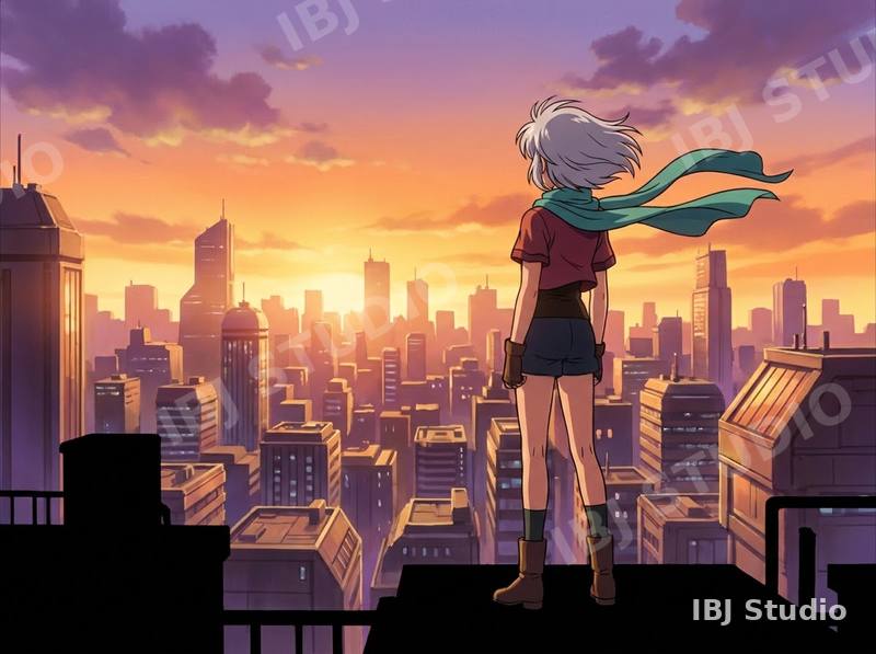 Anime heroine with a teal scarf looking over a sunset skyline