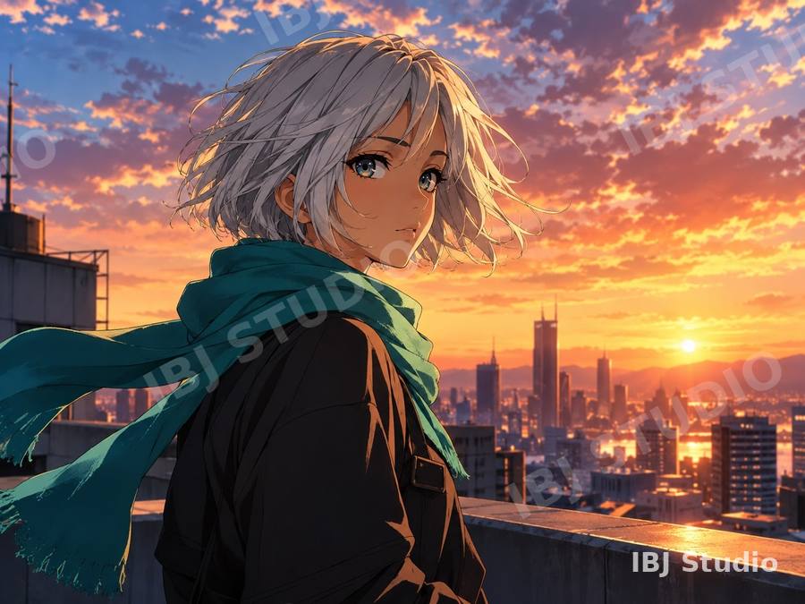 Anime prompt sample: silver-haired heroine with a teal scarf at sunset